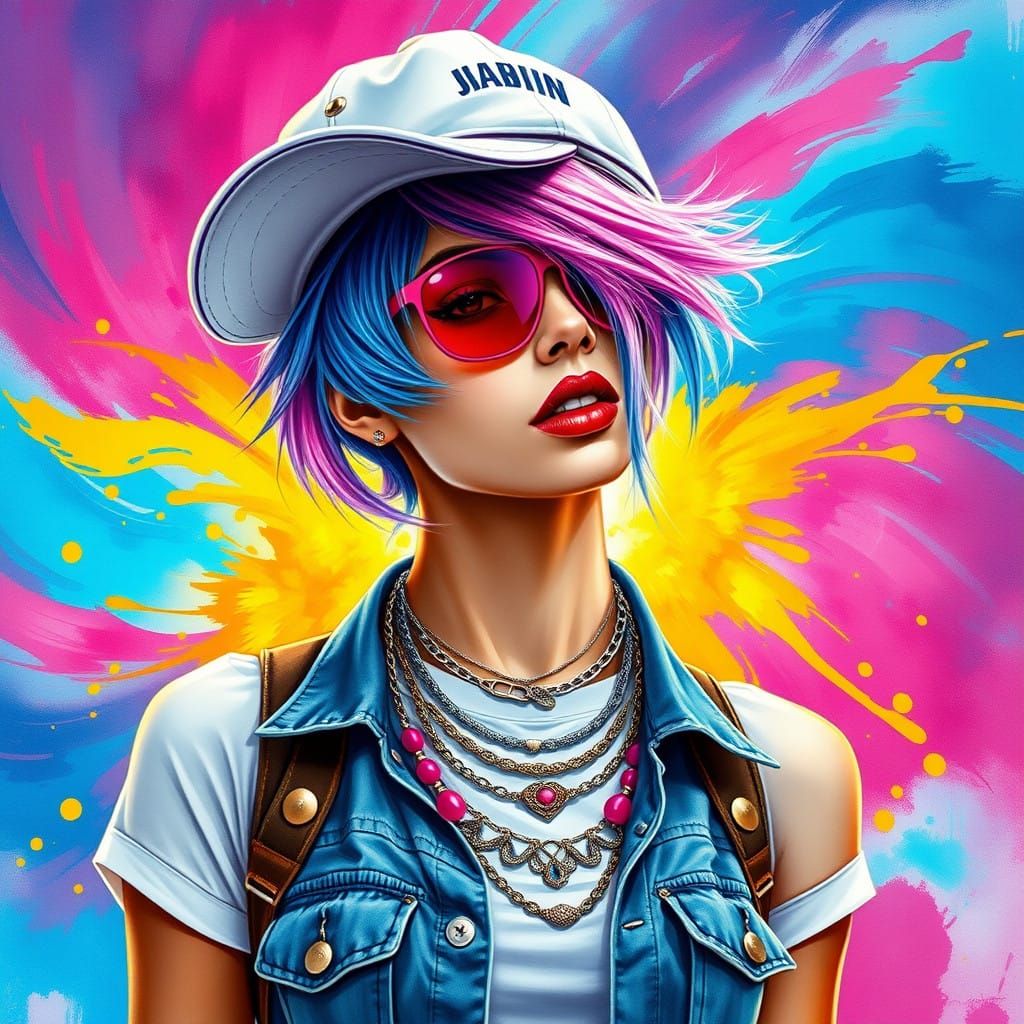 Vibrant Pop Digital Art of Confident Young Woman in Whimsica...