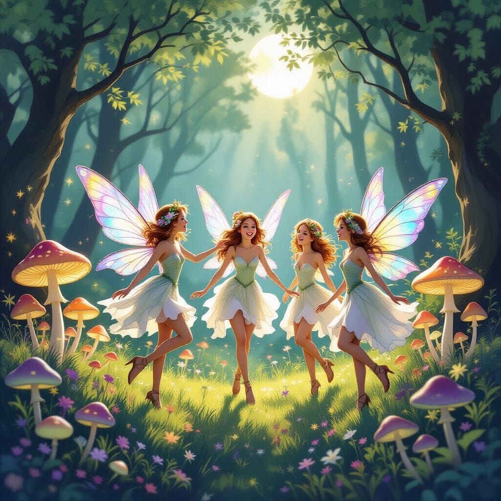 Whimsical Fairies Dancing in Enchanted Moonlit Forest