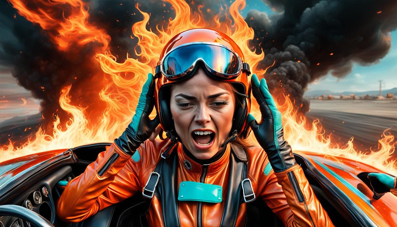 Burning Fear: Hyperrealistic Woman in Racing Car