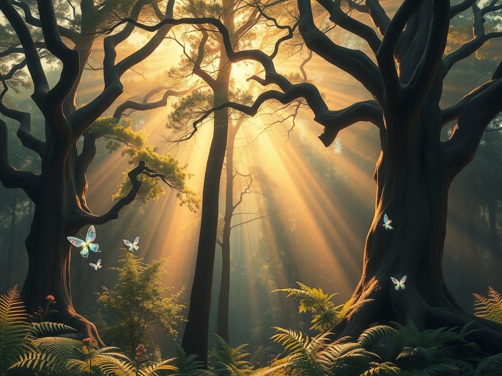 Ethereal Forest with Glowing Trees, Digital Painting