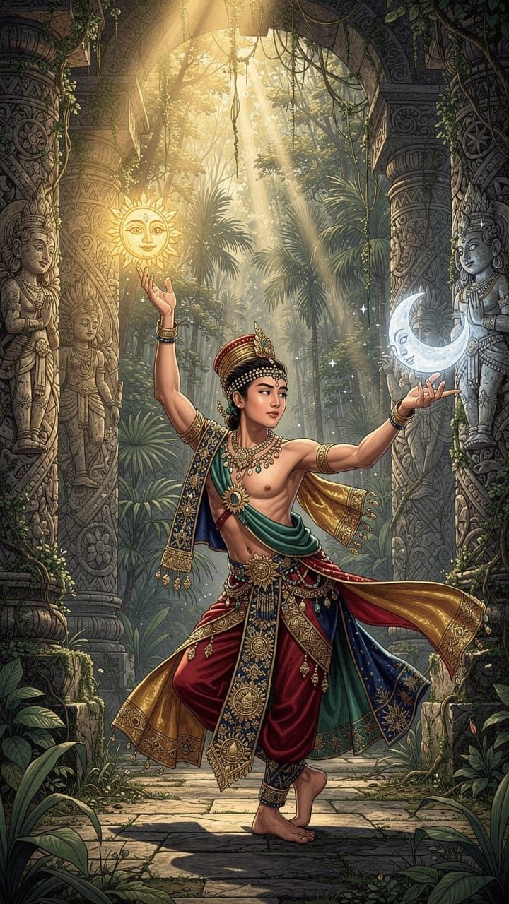 Sacred Temple Dancer in Lush Jungle, Intricate Pencil Art