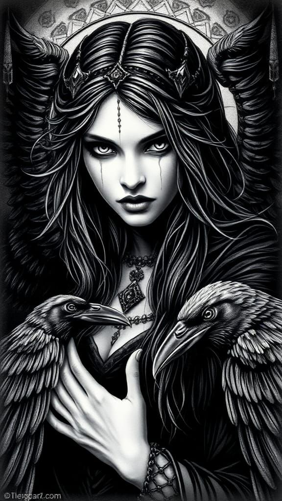 Capture the egnimatic presence of "Morrigan" the Celtic Godd...