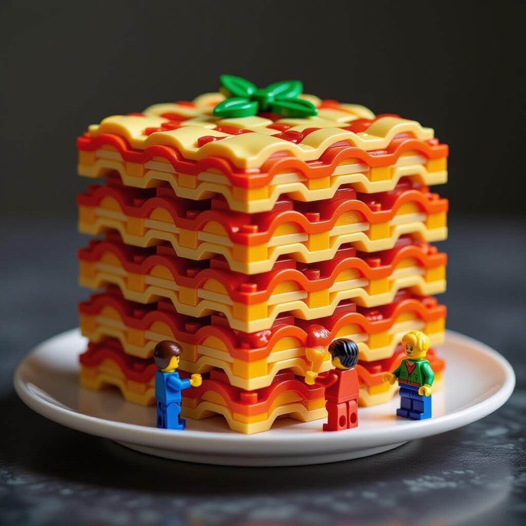 Lego Lasagna with Minifigure Chefs, in Digital Art Style