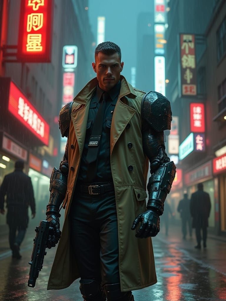 Cyberpunk Cyborg Detective Investigates Rainy Alleyway Crime