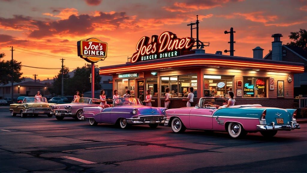 Retro Drive-Up Diner Under Sunset Neon
