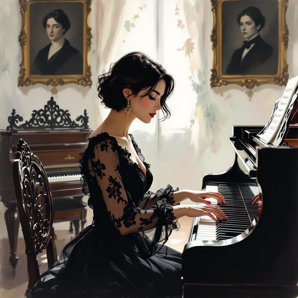 Spanish Woman at Piano in Charcoal Sketch Style