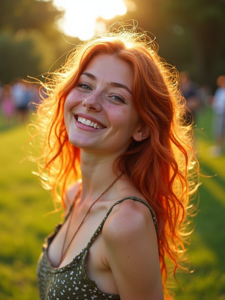 Ginger Woman's Joyful Smile in Golden Light