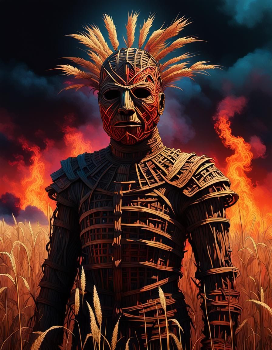 Neon Wicker Man in Burning Field: Surreal Digital Art