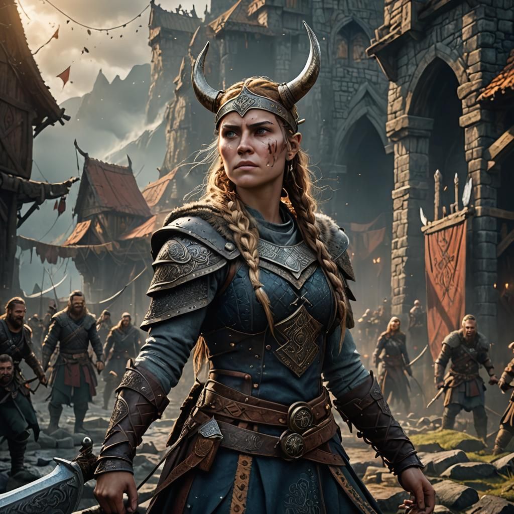 Young Viking Warrior Woman: Detailed Digital Art