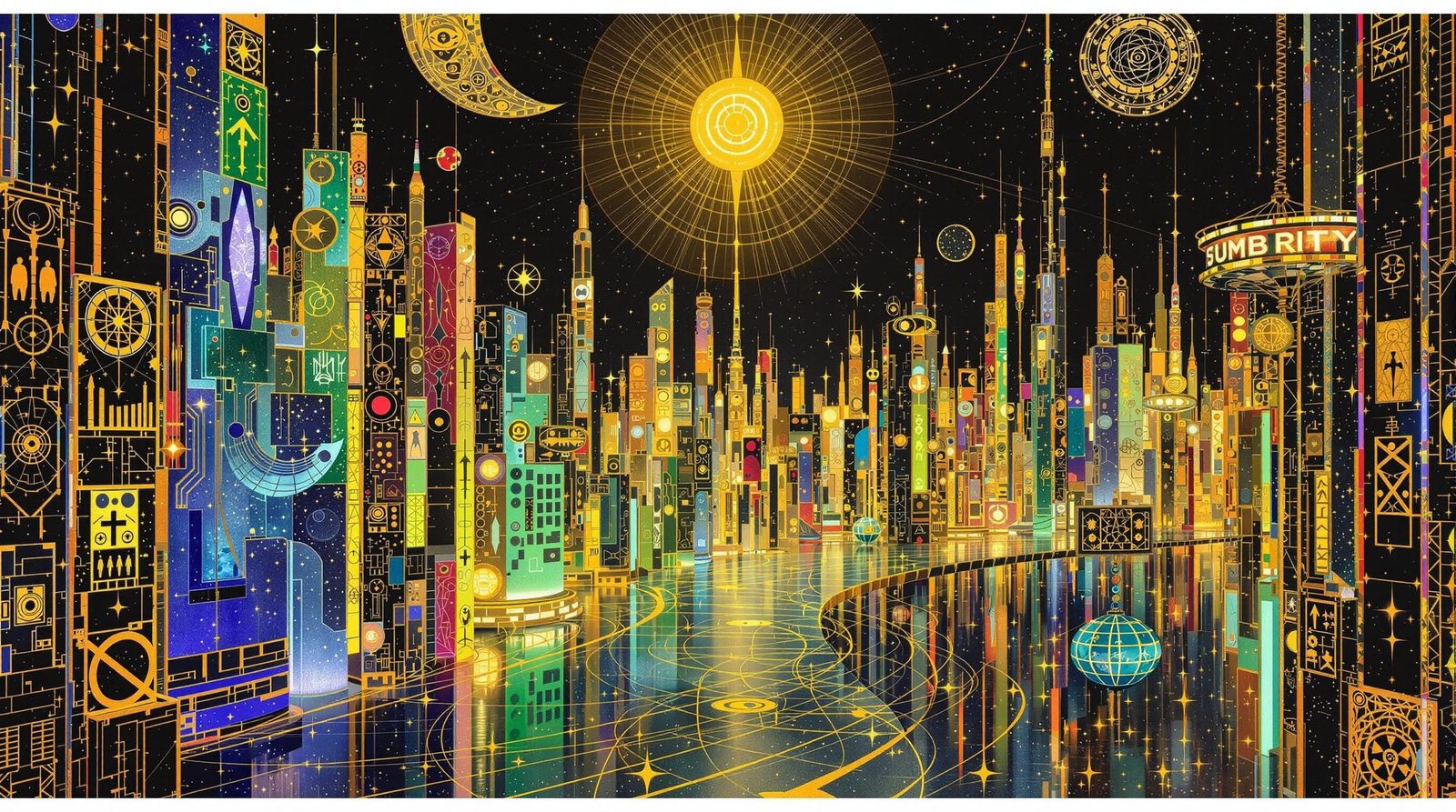 Gustav Klimt-Inspired Science Fiction Cityscape