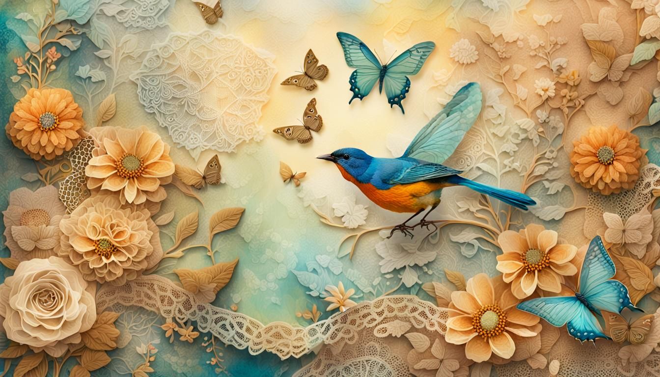 Dreamlike Mixed Media Collage of Birds and Flowers