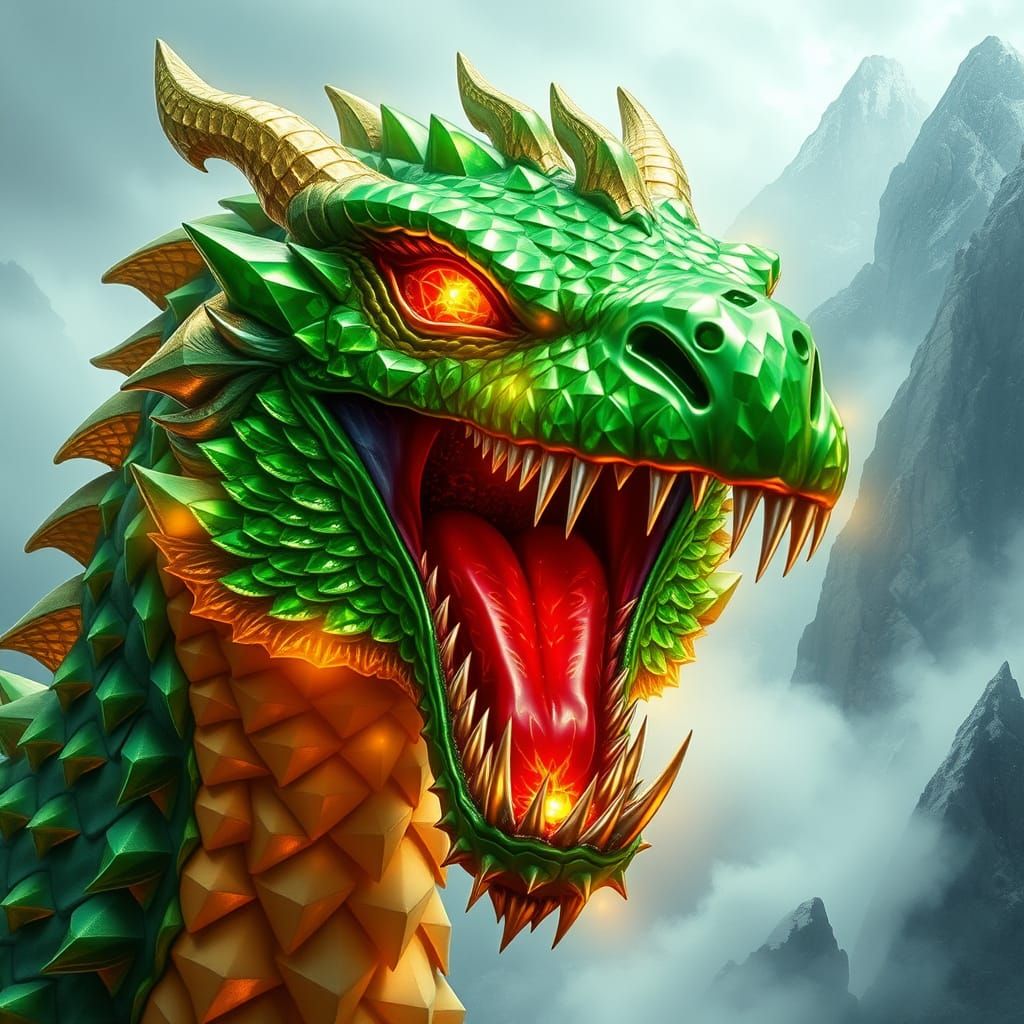 Majestic Emerald Dragon with Diamond Teeth and Ruby Eyes