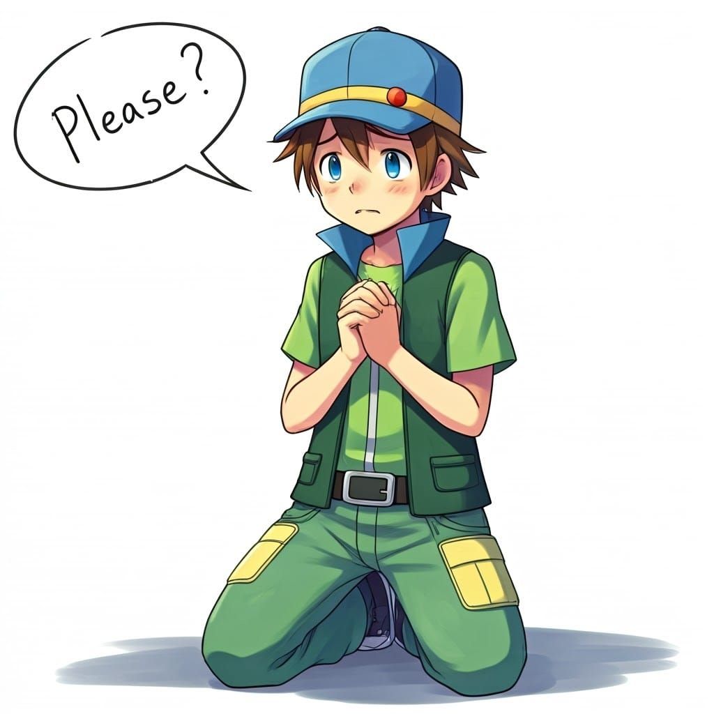 Pleading Pokémon Trainer in Anime-Inspired Digital Painting