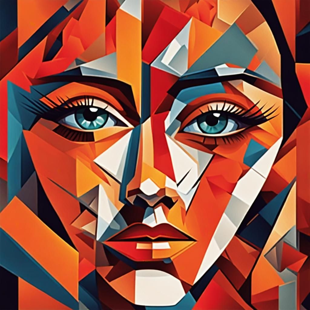 Cubist Woman's Portrait with Geometric Lines and Bold Colors
