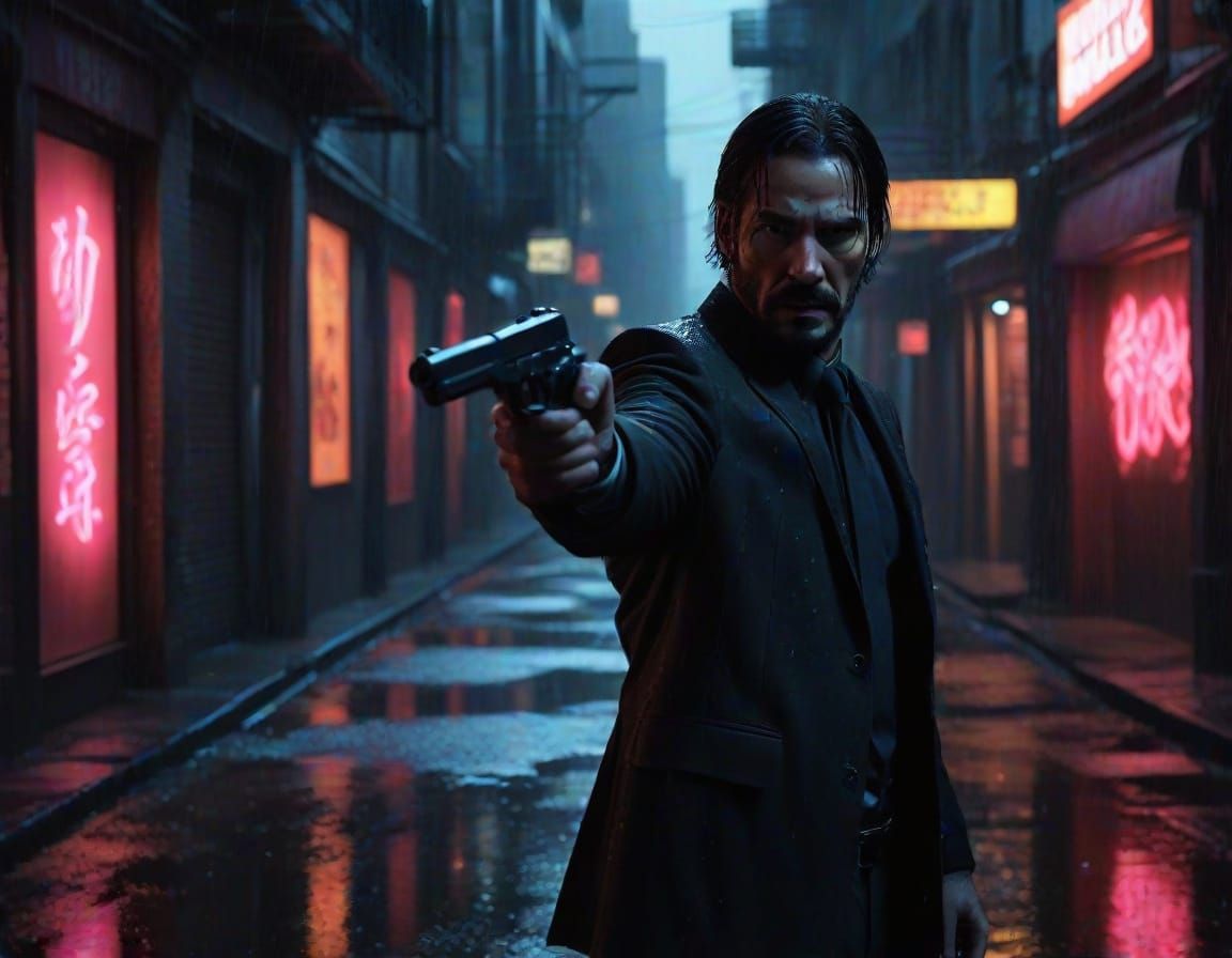 John Wick Stands in Rain-Soaked Alley, Pistol and Knife at t...