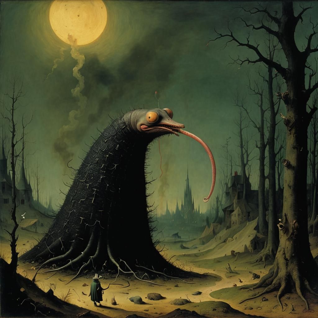 Strange Creature with Earthworm, in Bosch Style