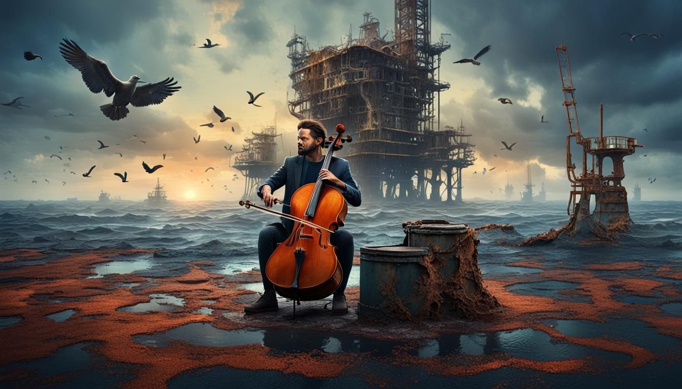 Cello Music on Abandoned Oil Rig: Detailed Matte Painting
