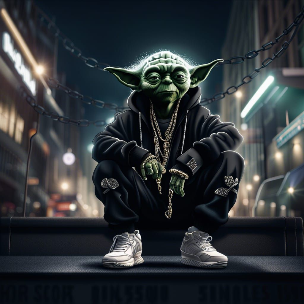 Rapper Yoda in Black Tracksuit on Night Street