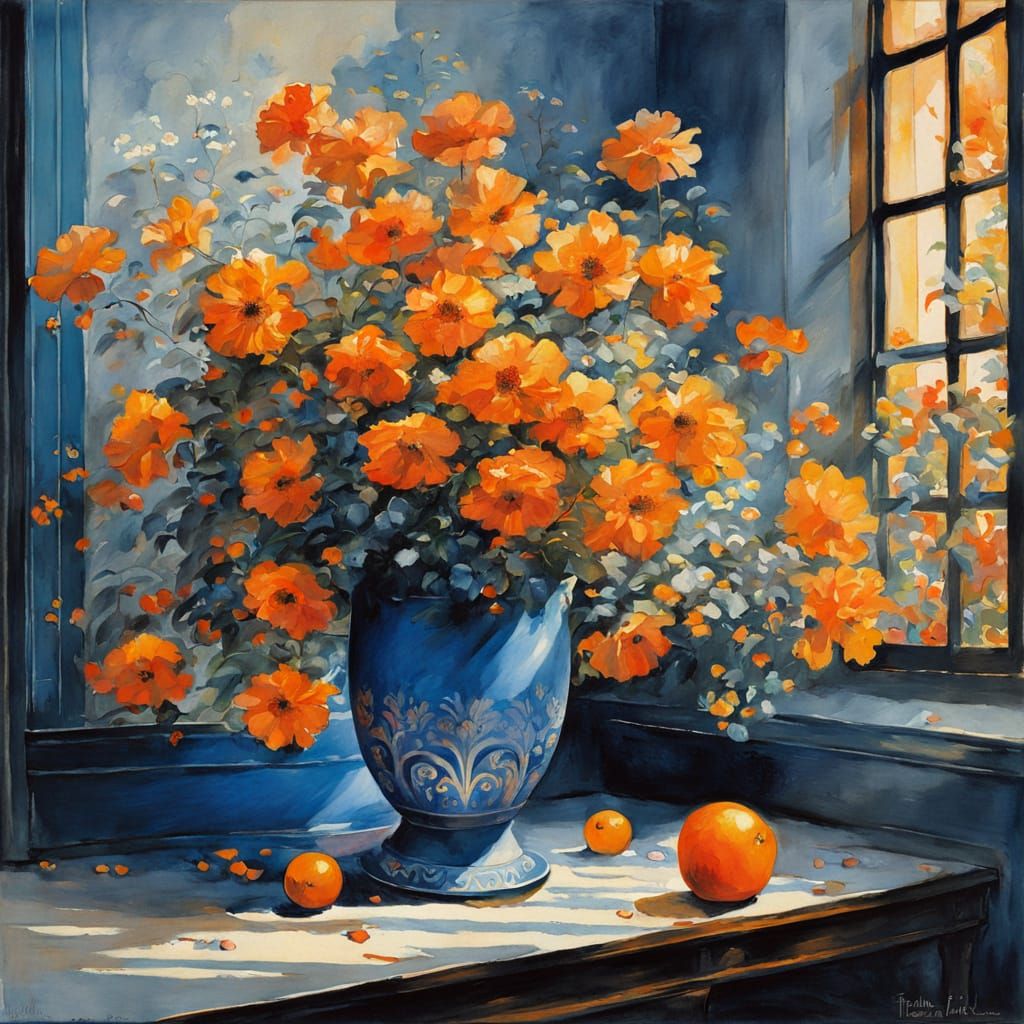 Orange Flowers in Blue Vase: Rococo Acrylic Art