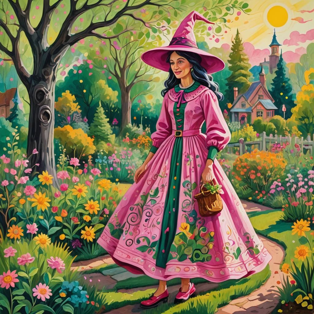 Whimsical Witch in Garden: Naive Art Style