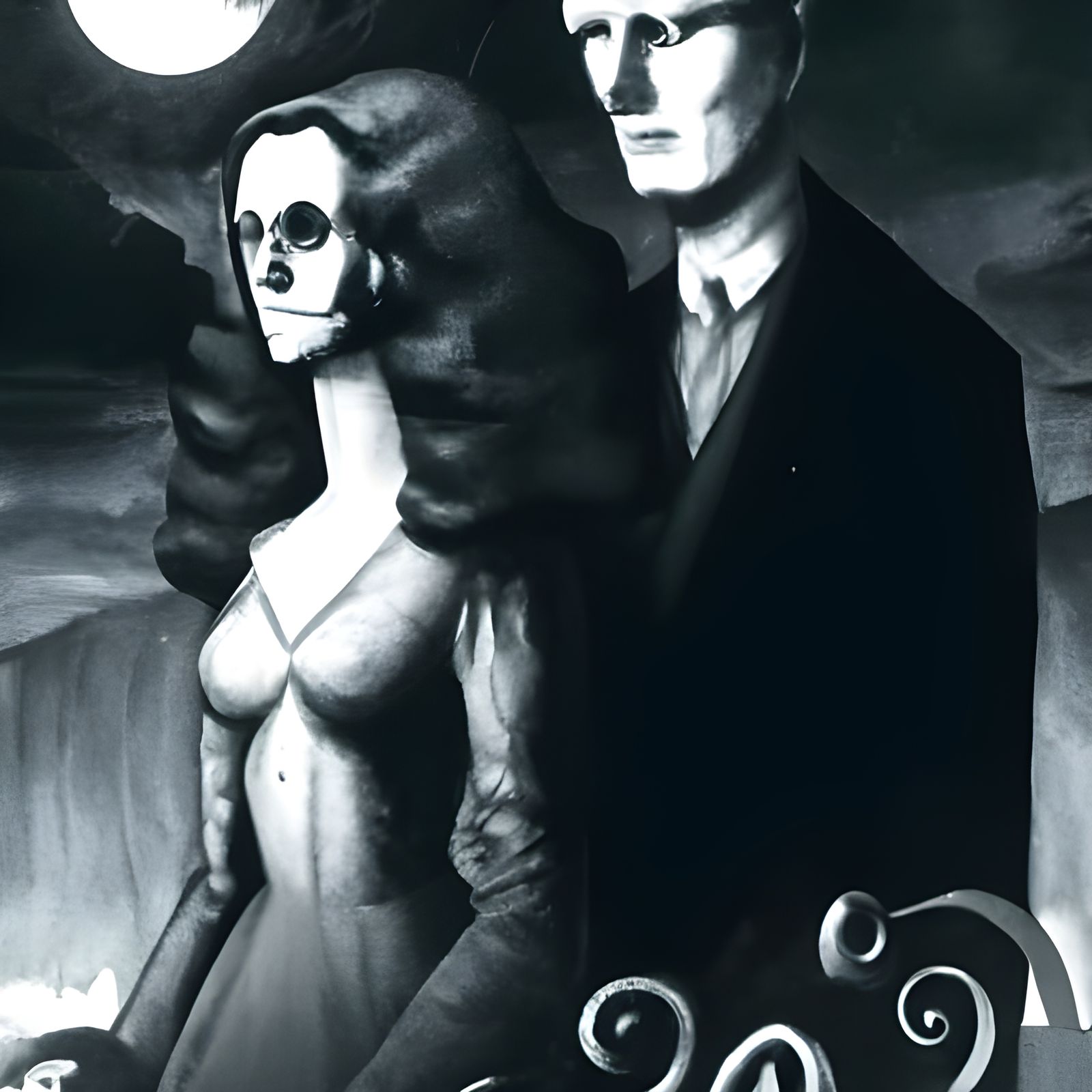 Ethereal White Faces Horror in Gothic Film Noir Style