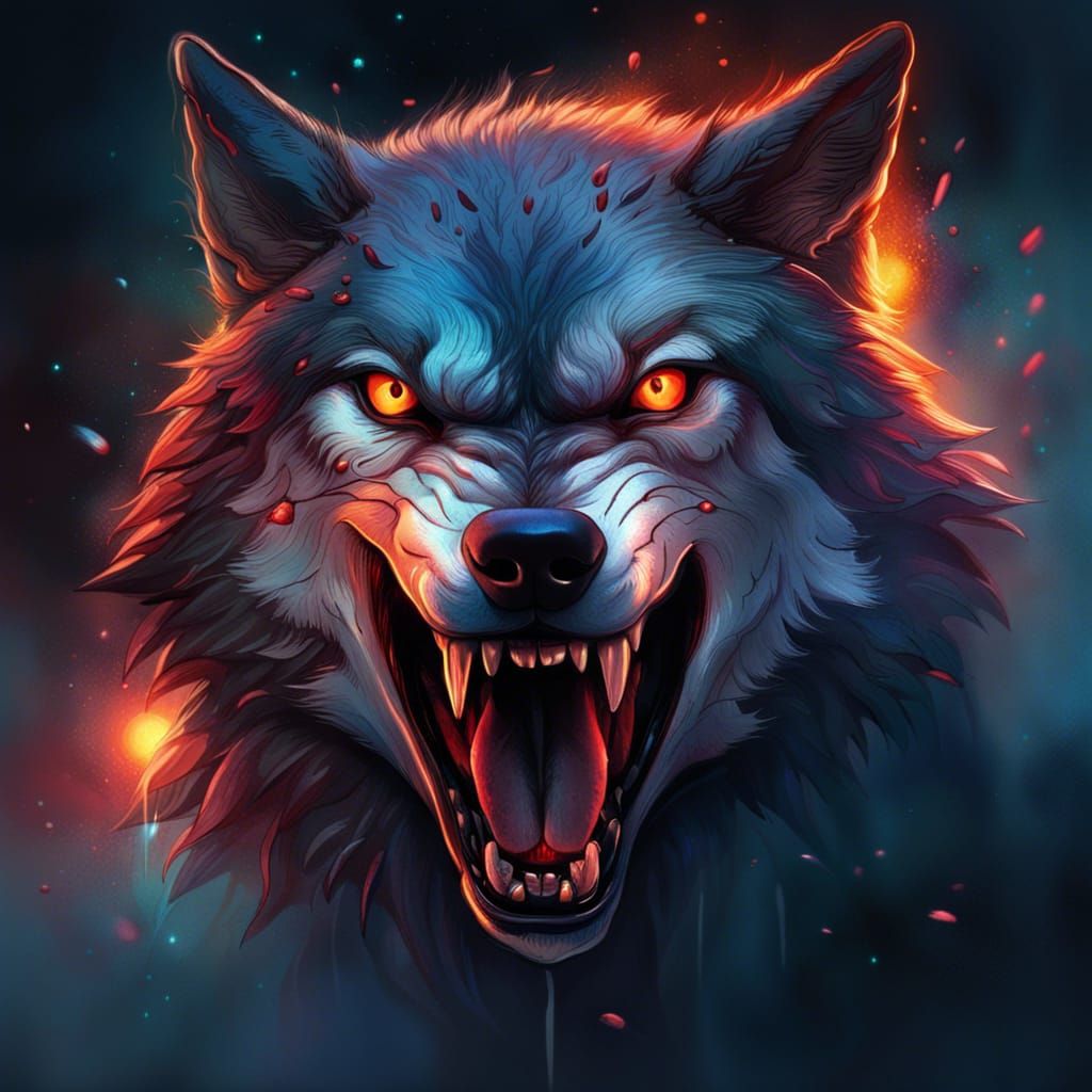 Fearsome Fire Wolf Snarling in Starry Night