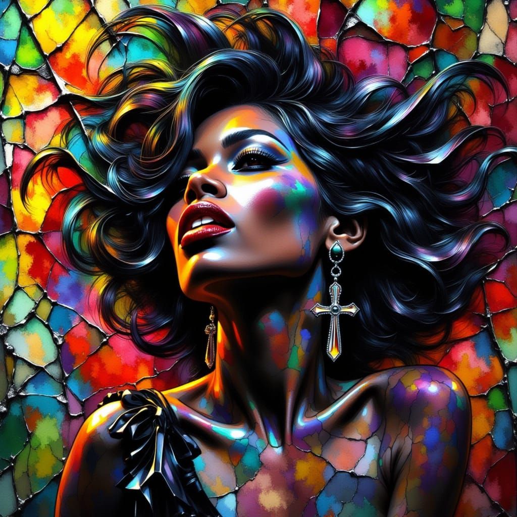 Josephine Baker Stained Glass Portrait in Dark Fantasy Style
