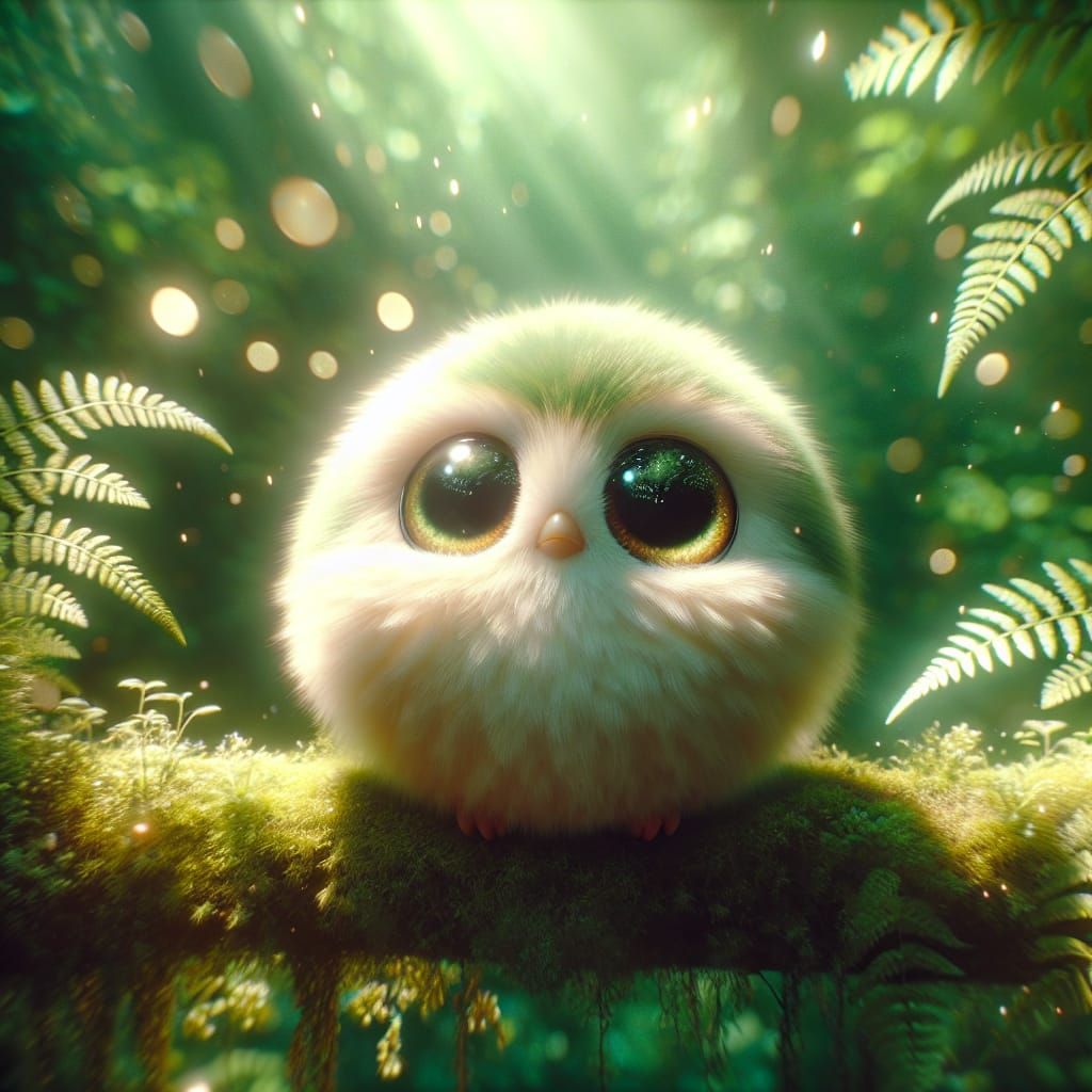 Cute Fluffy Bird Creature in Lush Forest