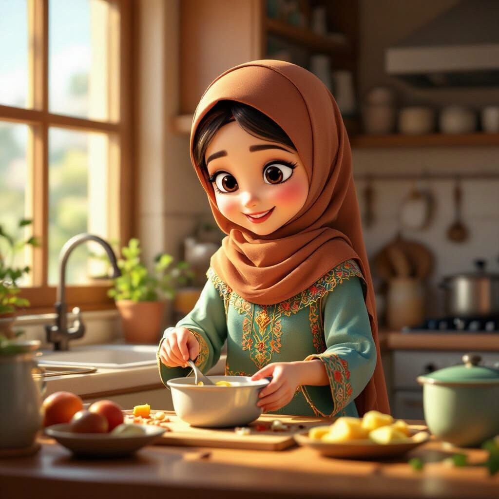 Animated Girl in Hijab Cooking in Cozy Kitchen