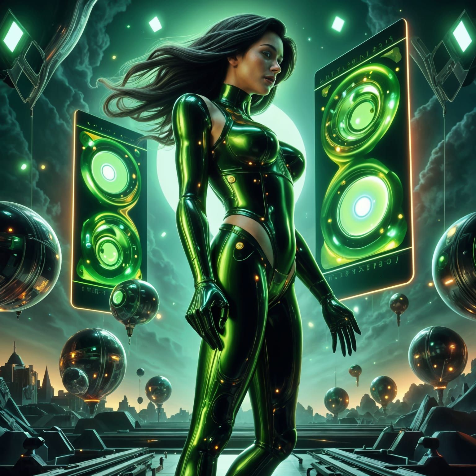 Cyberpunk Digital Art in Triadic Colors and Bauhaus Style