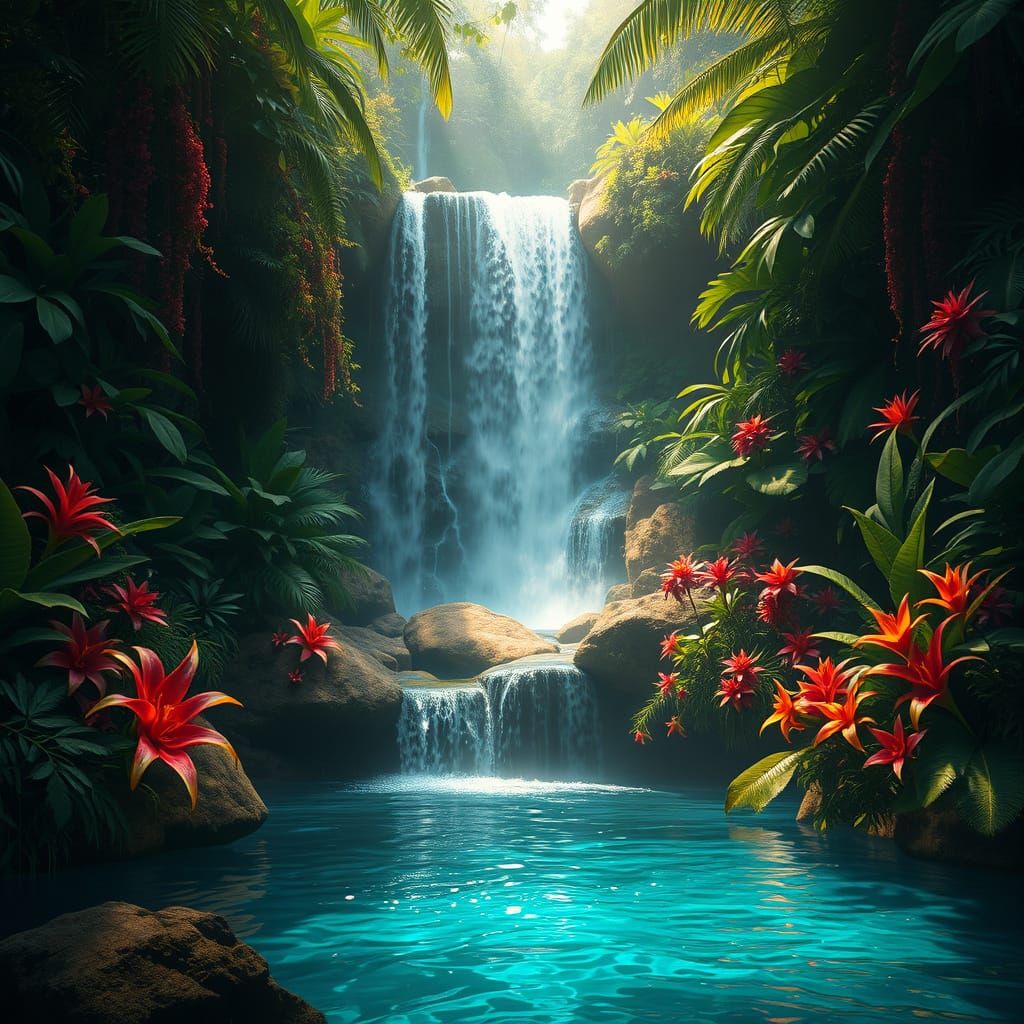 Hyperrealistic Rainforest Waterfall in Tropical Paradise