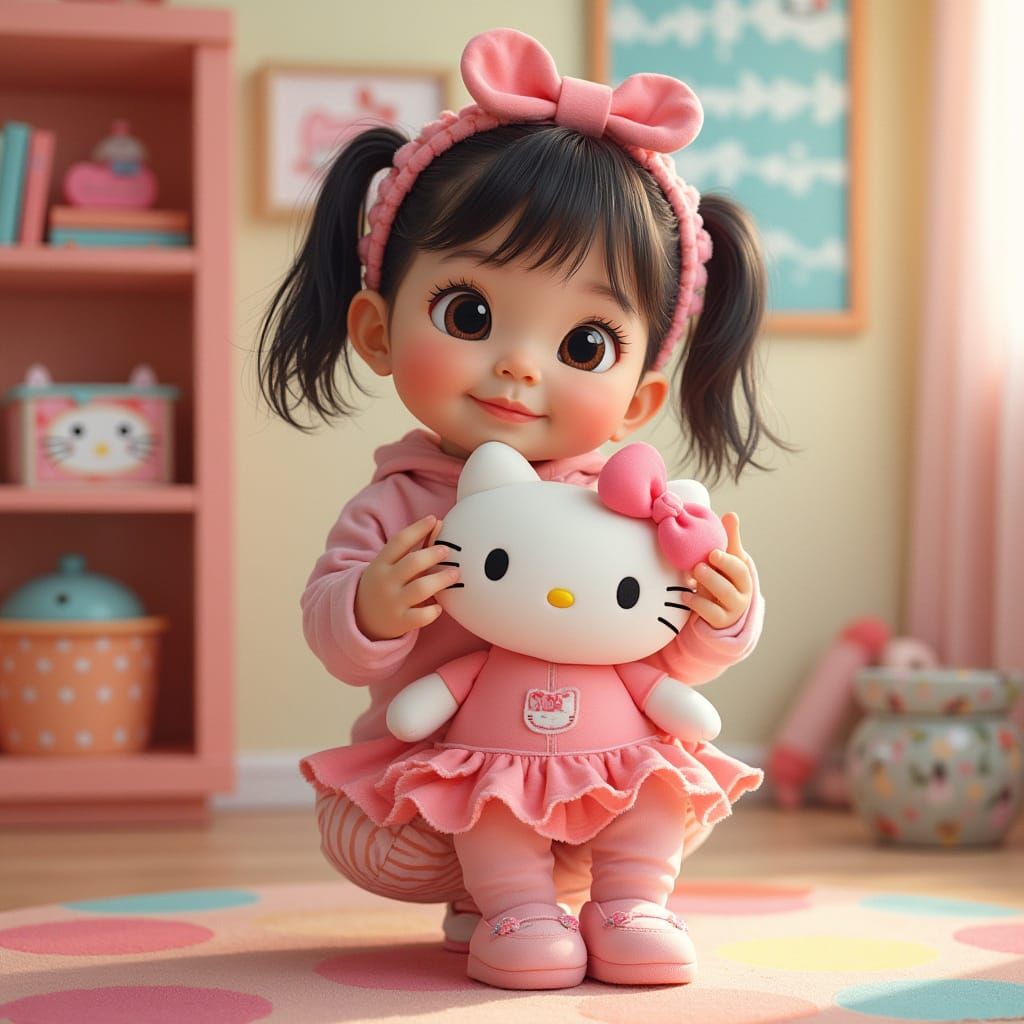Whimsical Girl with Hello Kitty in Vibrant Colors