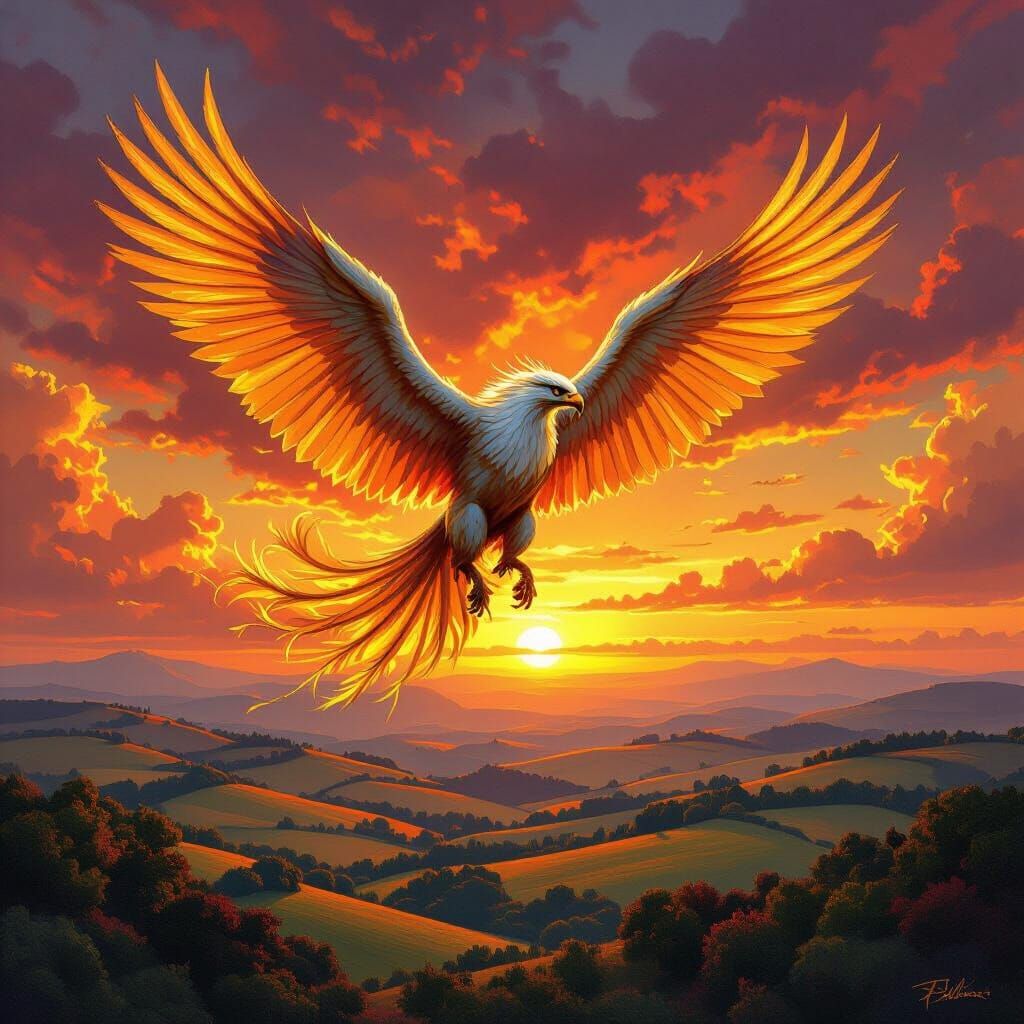 Griffin Soaring at Sunset in Fantasy Art Style