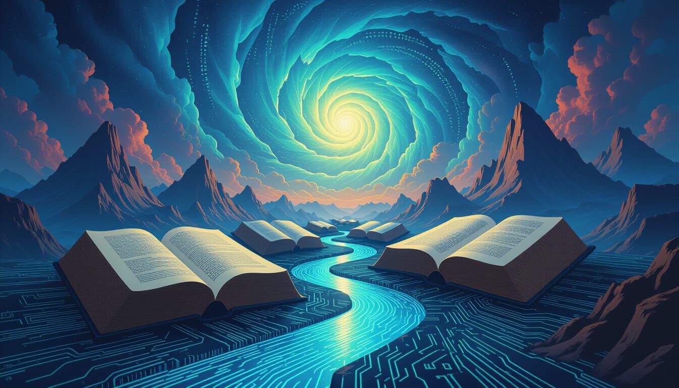 Surreal Digital Mountains of Books and Code