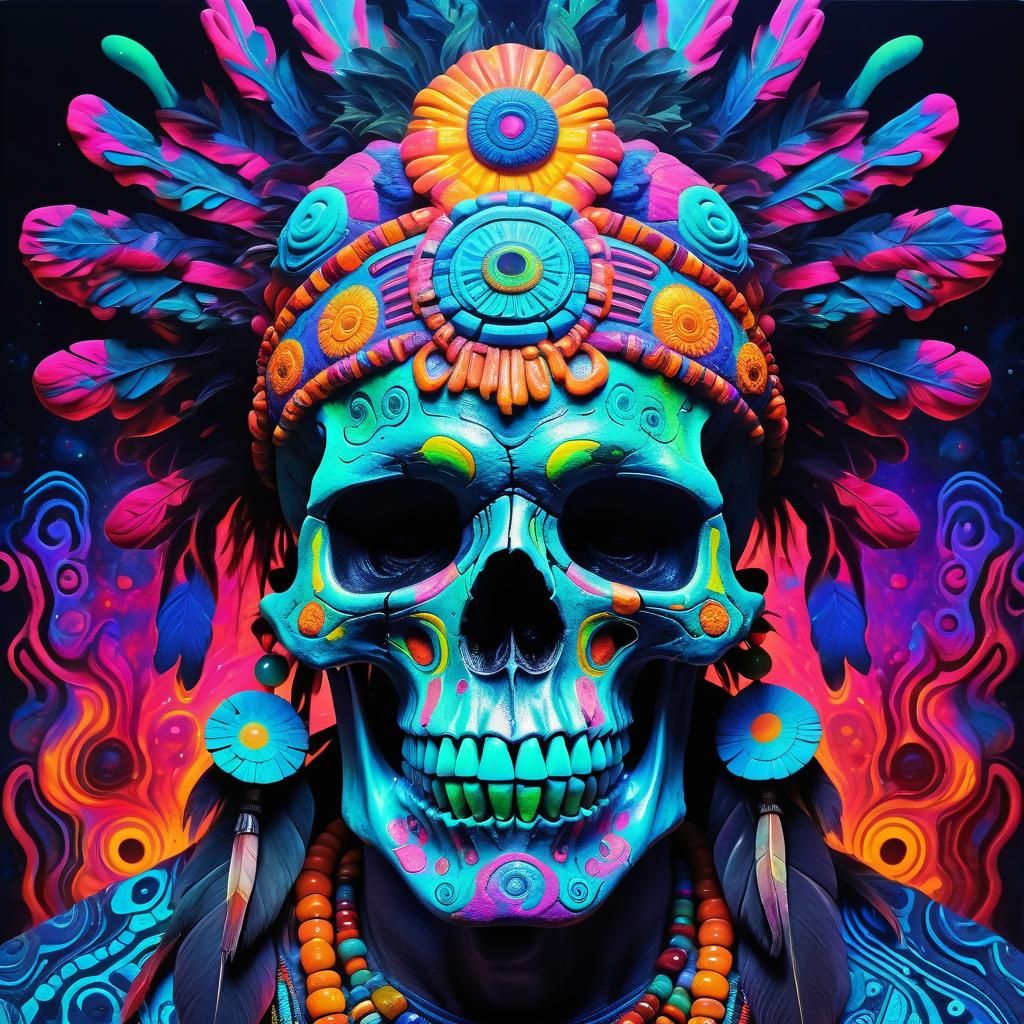 Psychedelic Aztec Skull Shaman Portrait in Surreal Style