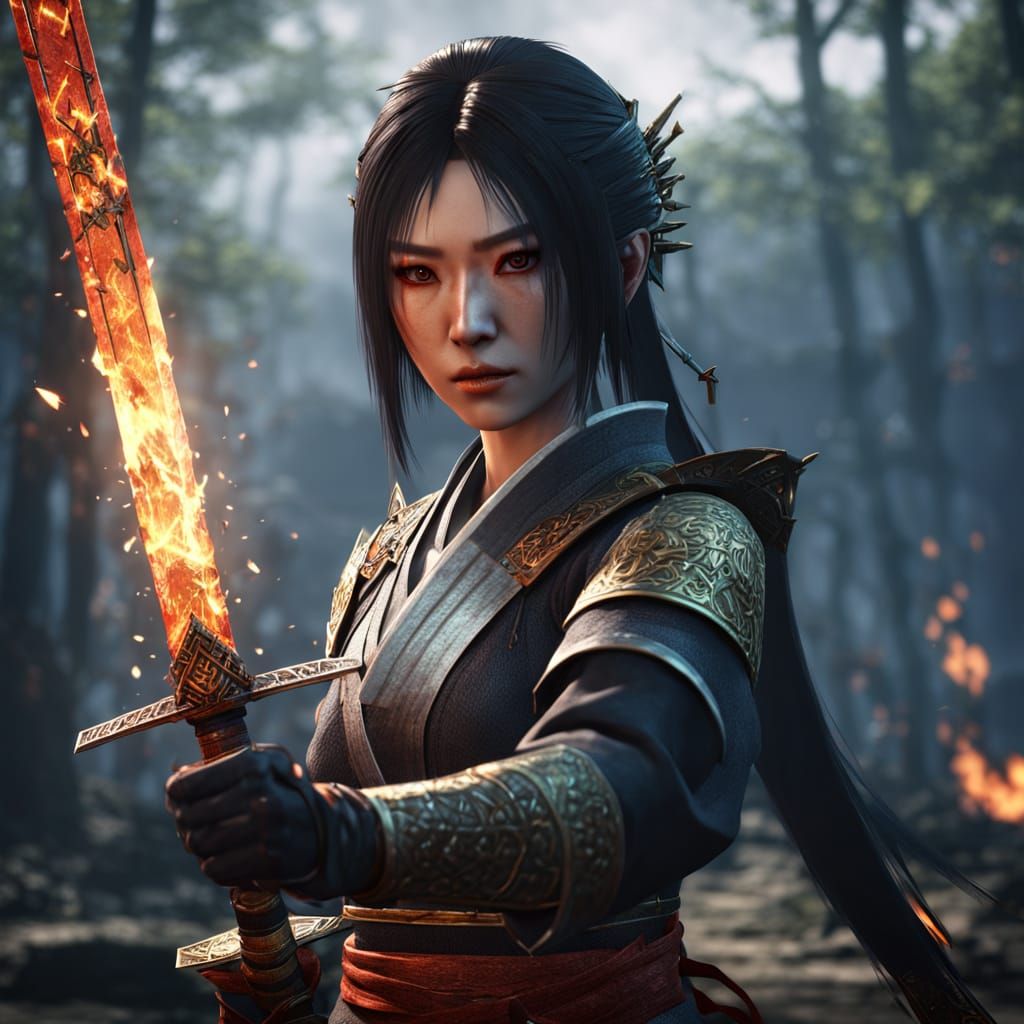 Japanese Gothic Girl with Sword of Fire in Epic 3D Style