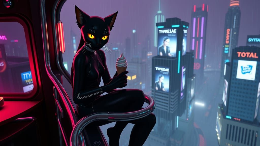 Cat-Woman in Cyberpunk Lounge with Ice Cream