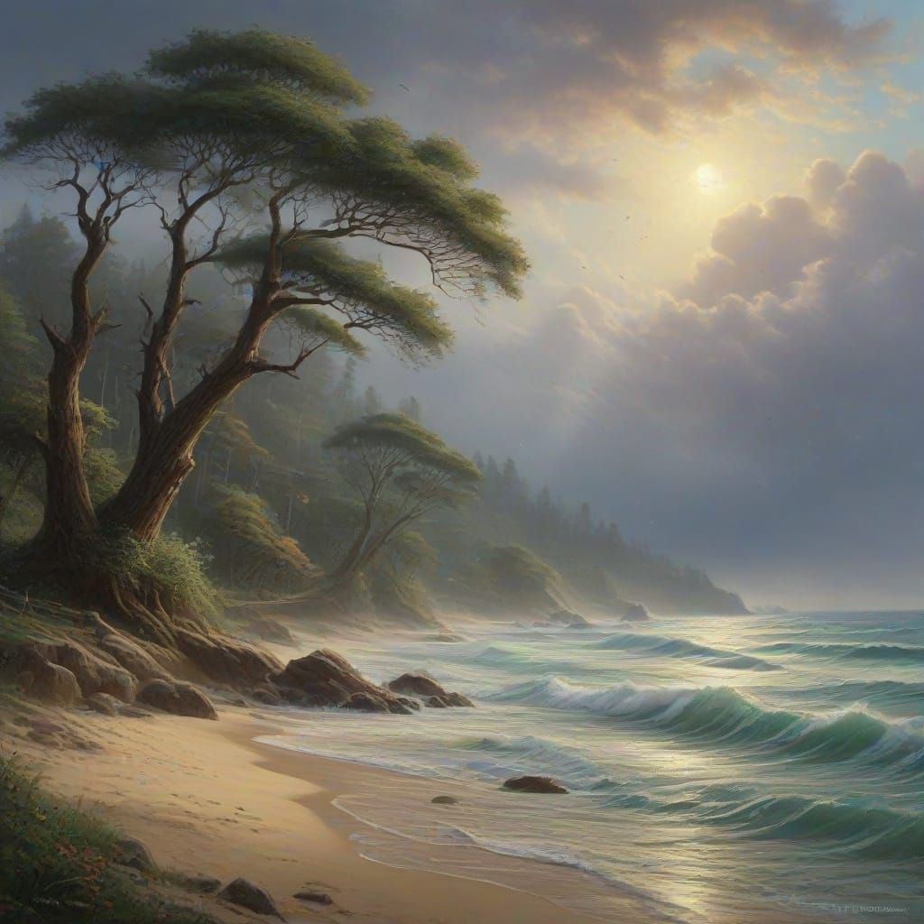 The trees leaning with the force of the wind, a hurricane at a beach.