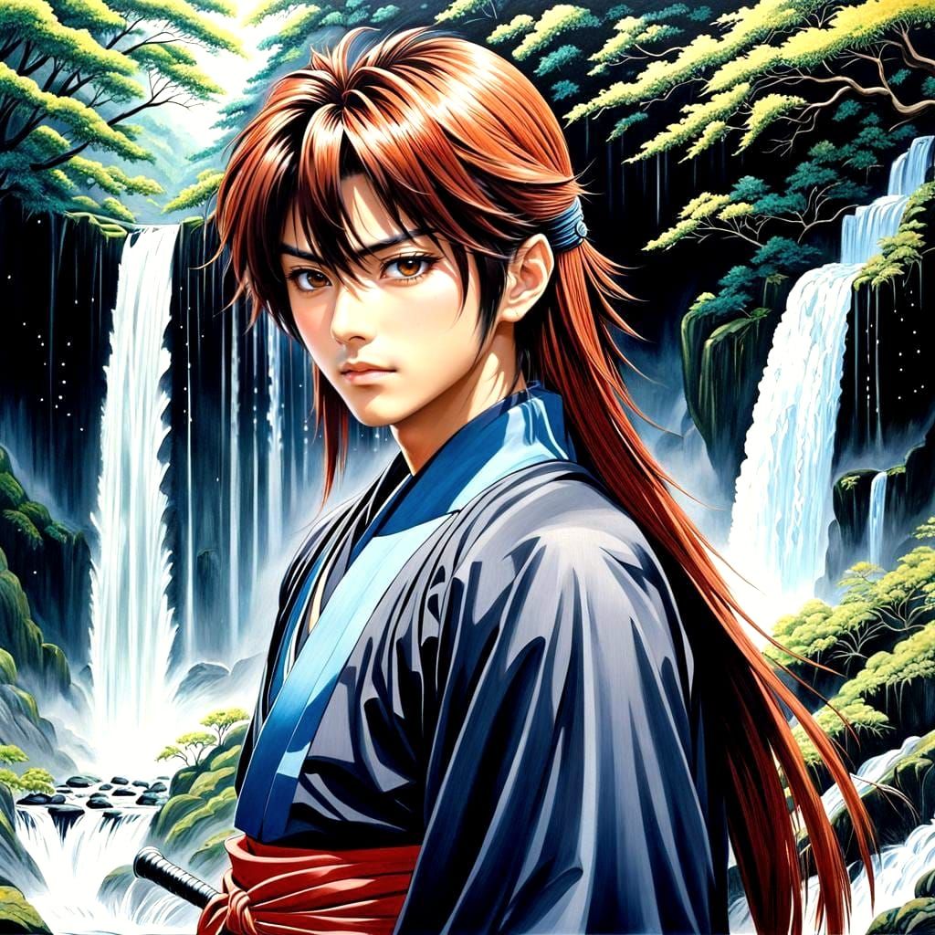 Anime Samurai Kenshin Himura Portrait in Oil Gouache