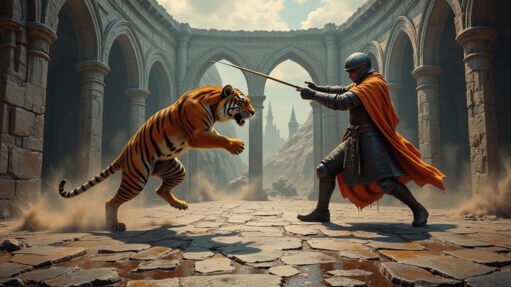 Anthropomorphic Tiger vs Knight in Marble Arena