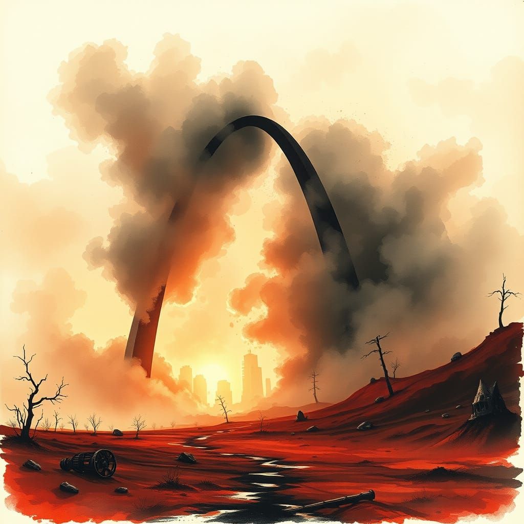 Twisted Post-Apocalyptic Landscape in Watercolor and Ink