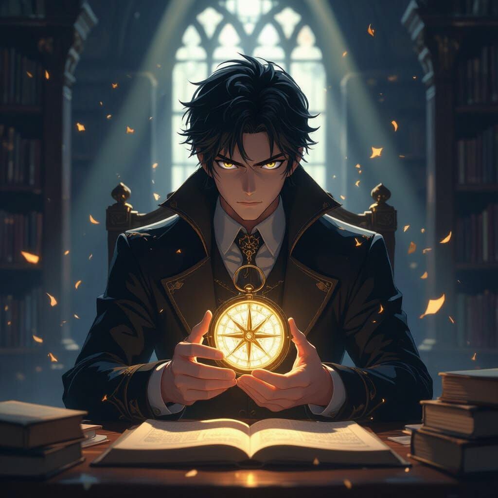 Stoic Scholar with Glowing Compass in Ancient Library
