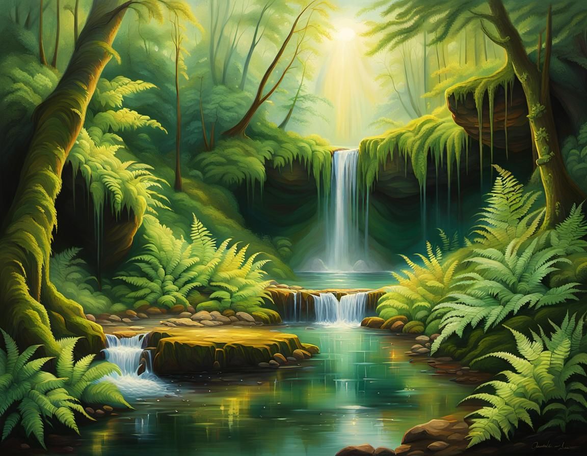 Lush Grotto with Waterfall: Vibrant Oil Painting