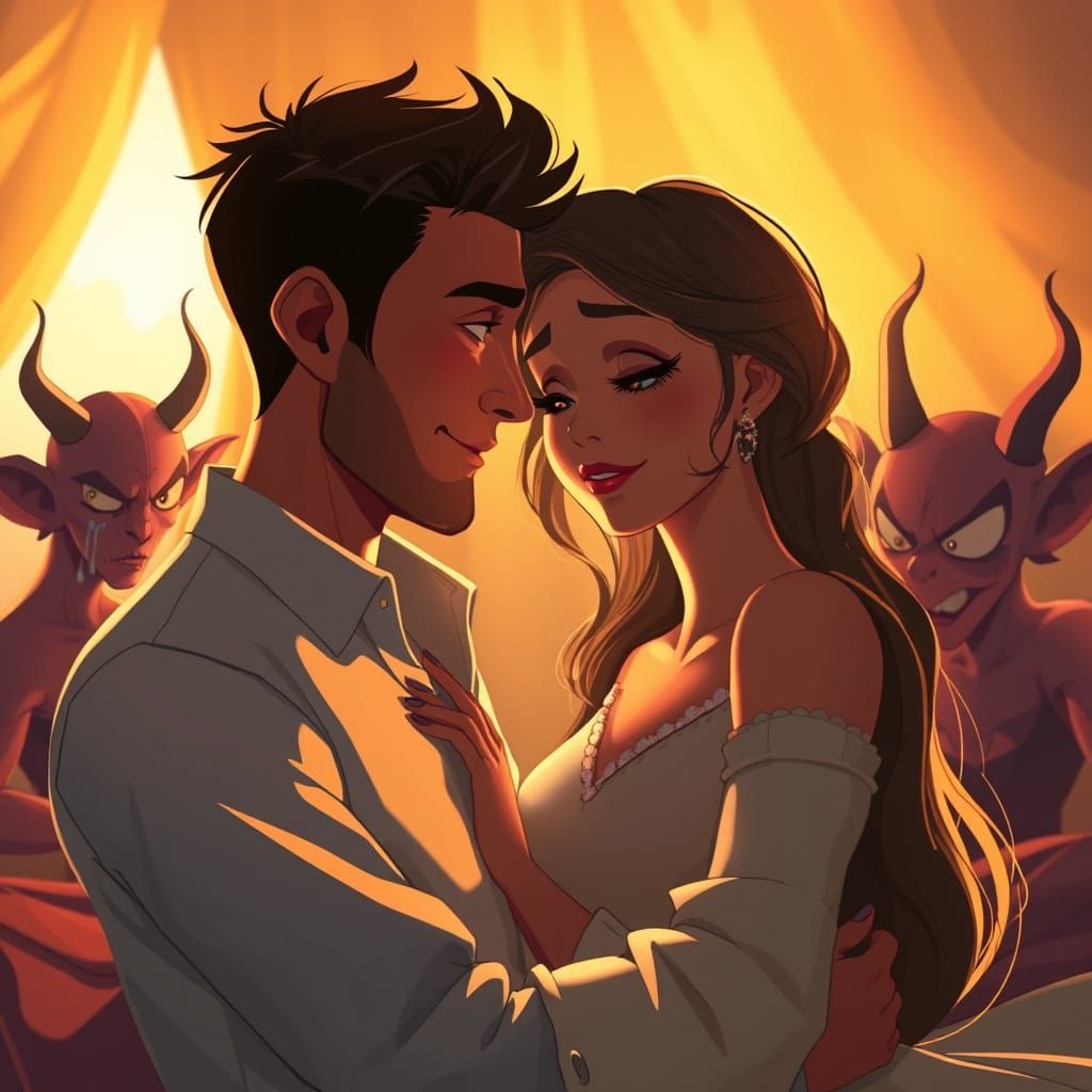 Romantic Couple with Mischievous Devil, Animated Style