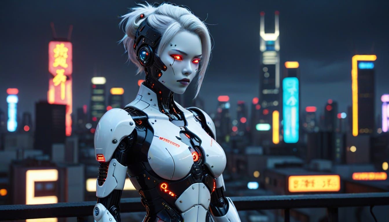 Japanese Gynoid in Cyberpunk Style with Neon Lights