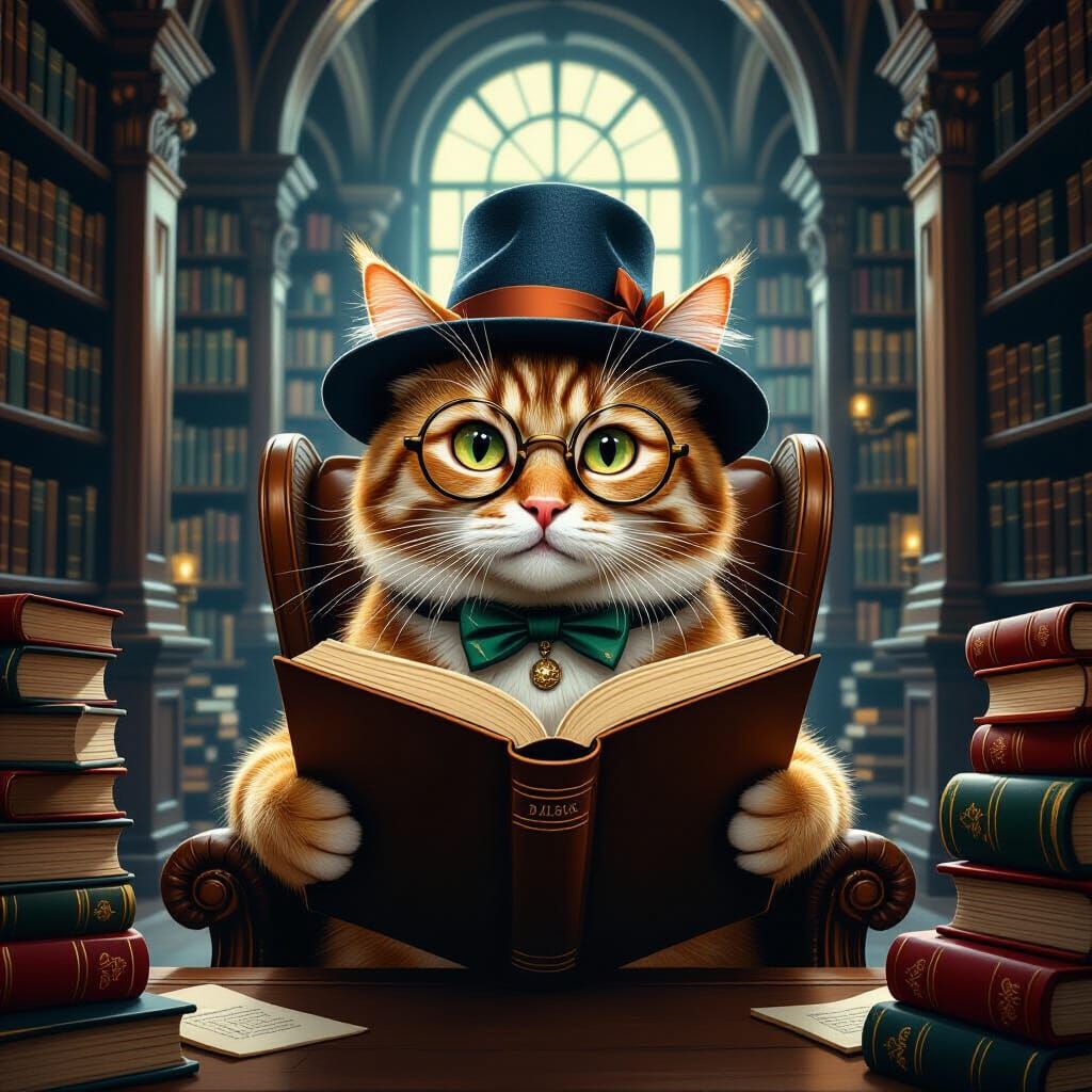 Wise Orange Cat in Library, Surreal Humorous Style