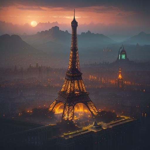 Steampunk Eiffel Tower at Sunset: Fantasy Concept Art