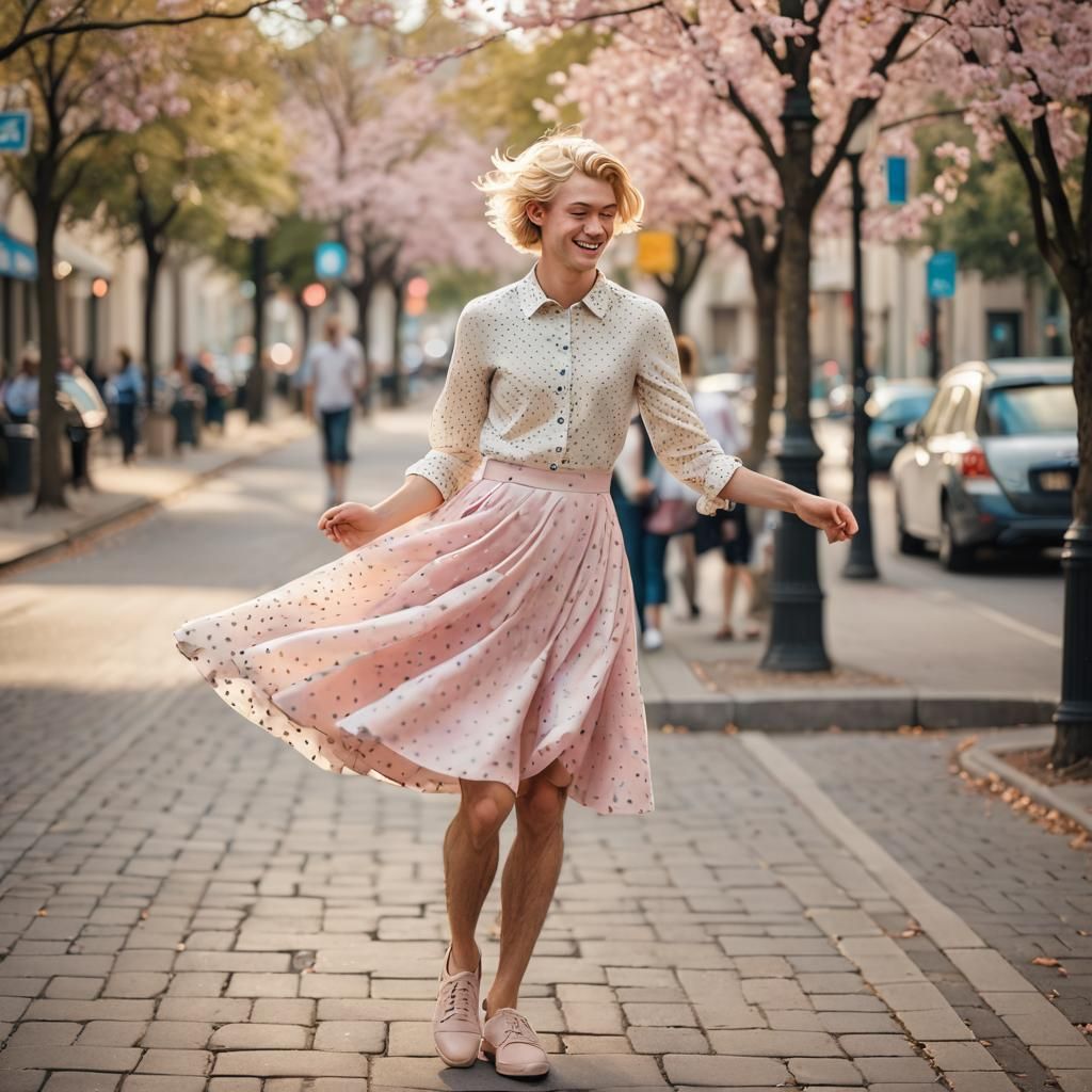 Boy in Polka Dot Dress Enjoying Breeze, Photorealistic