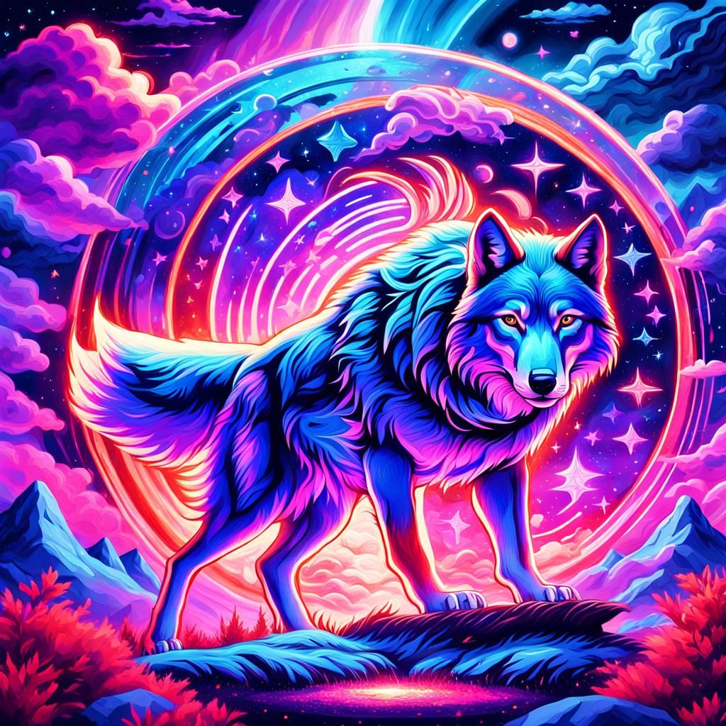 Radiant Red Wolf in Astral Dreamscape