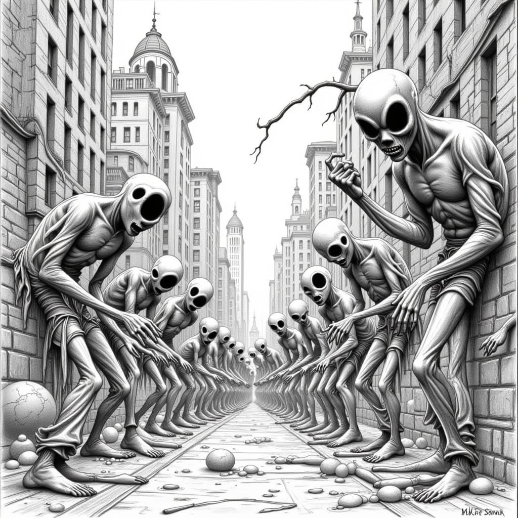 Pencil Sketch Zombies Redrawing Cityscape in Mignola Style